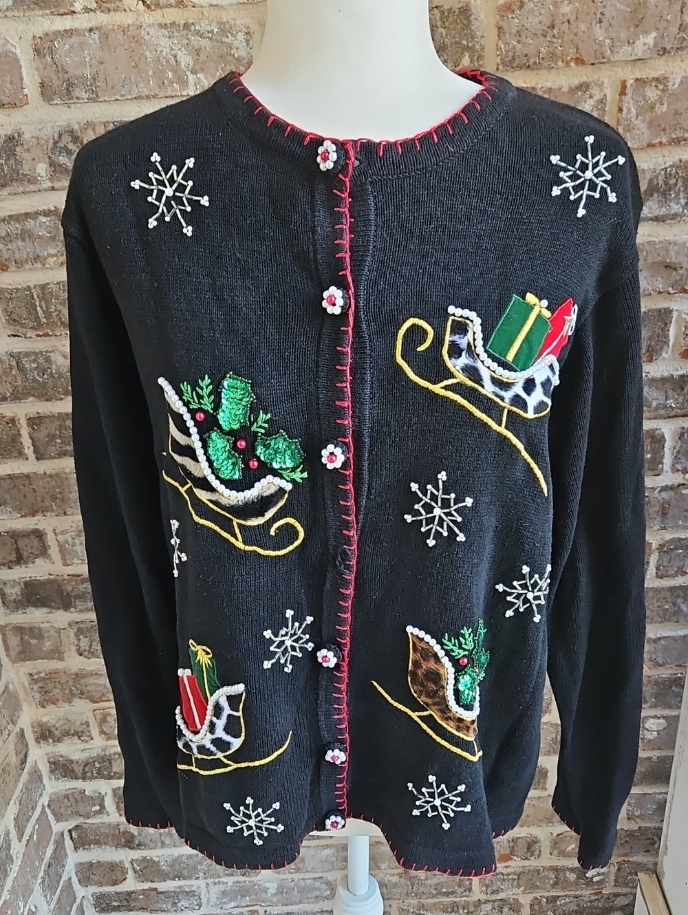 Vintage B.P. Design Holiday Embroidered Sequins Black Women's Cardigan Sweater